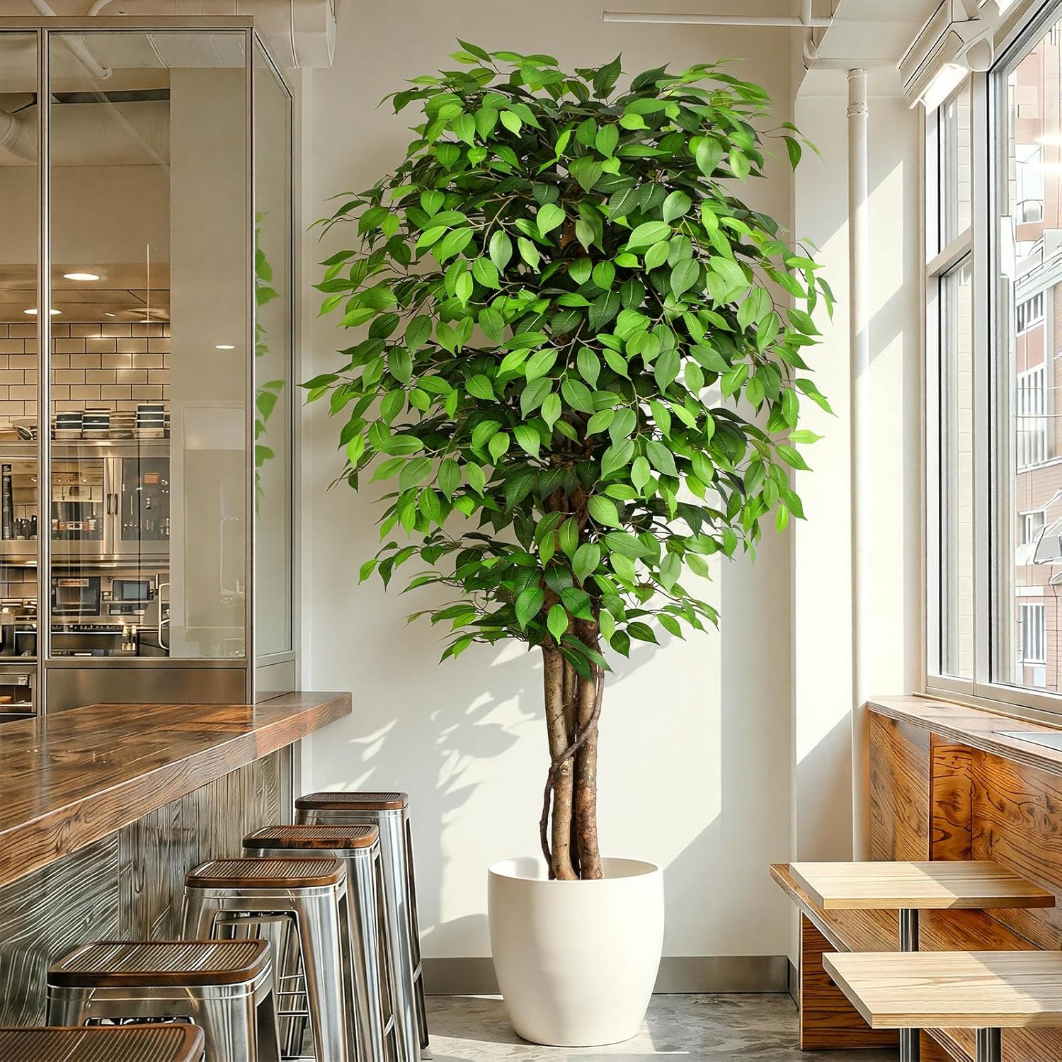 本物そっくりの人工フィカスツリー、自然な幹と豊かな葉が特徴、 - Fiddle Leaf Fig のレビューと価格